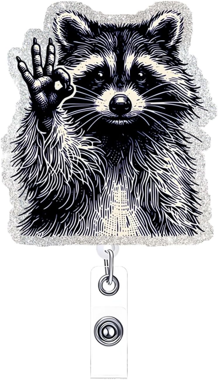 NSSHEL Raccoon ID Badge Reel Holder Retractable Medical Badge Reels Designs Cute and Funny Racoon OK Gesture Shirt Badge Clip Holders for Teacher Doctor Office Retractable Nursing Social Worker Accessories - Image 1